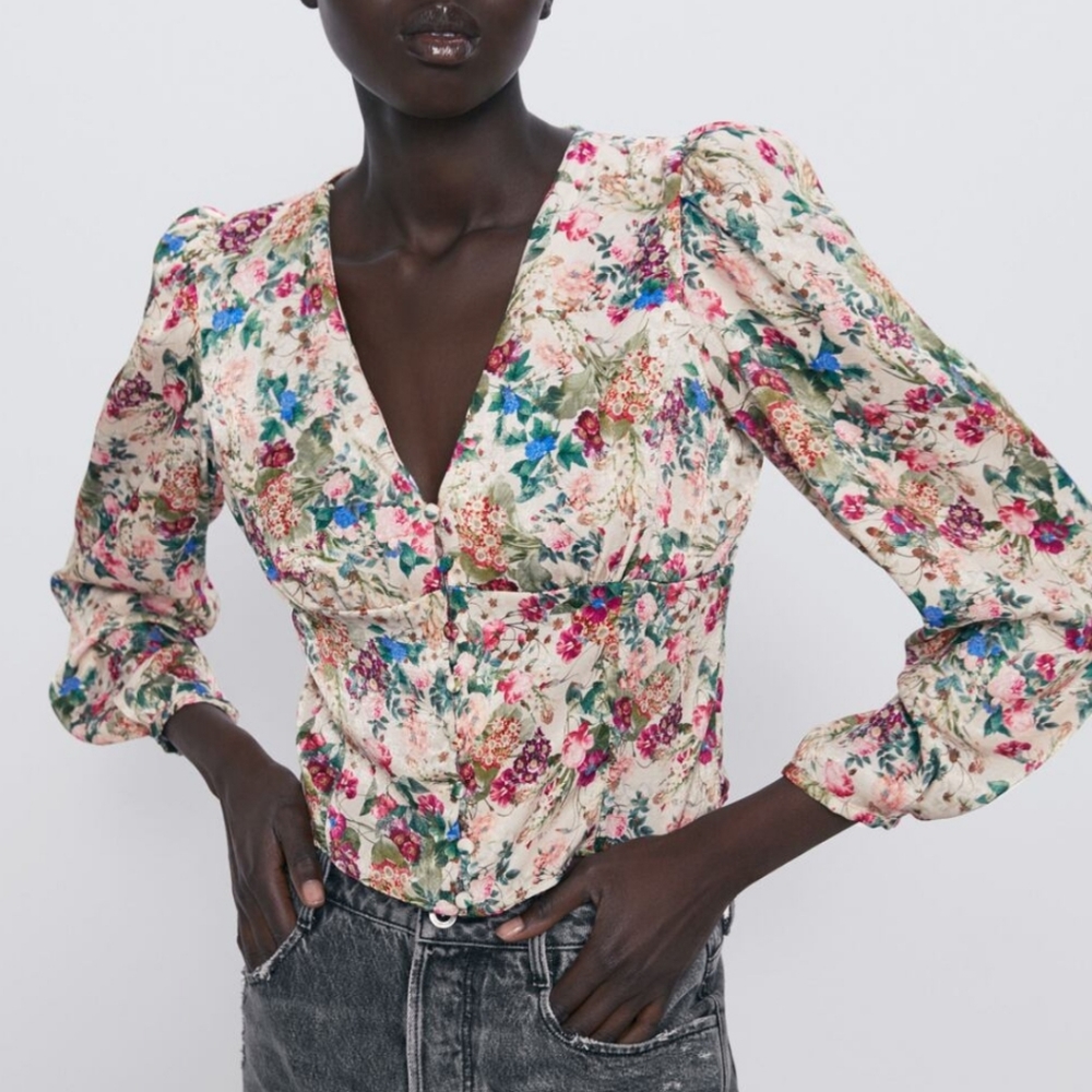 Zara Satin Effect Romantic Top Floral Print
